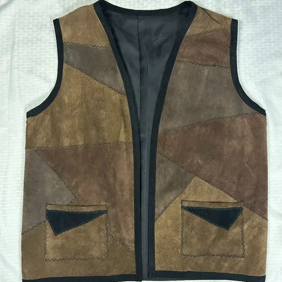 Vintage Boho Genuine Brown Suede Patchwork Vest L/LX (no tag) - Picture 1 of 4